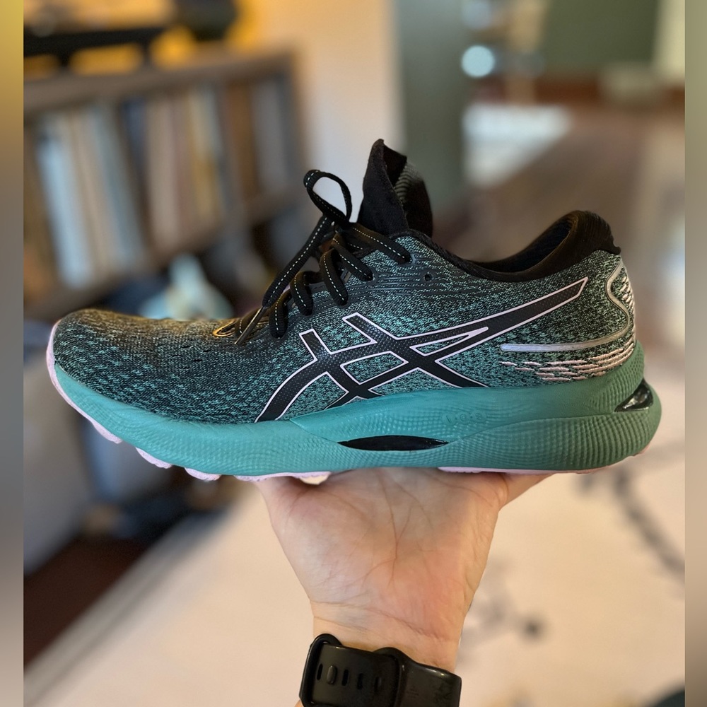 Green (sort of a dark sea foam green) Asic Gel Nimbus 24 shoes. Size 9.5